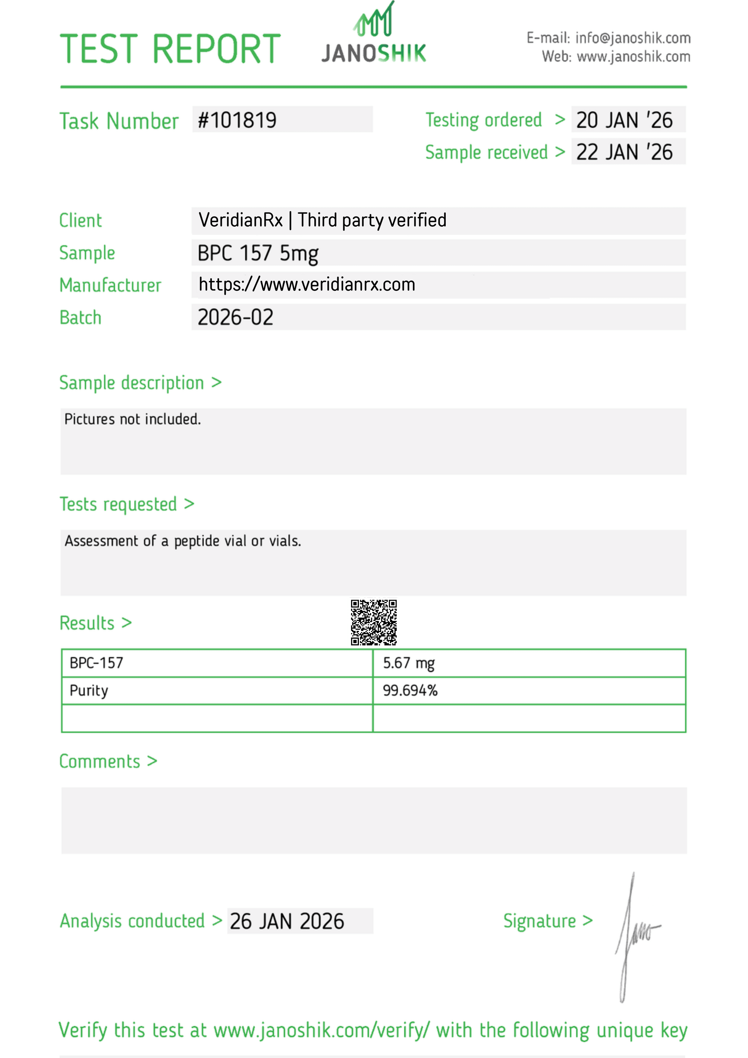 Certificate of analysis for BPC-157, batch 2026-03, issued by Janoshik Analytical