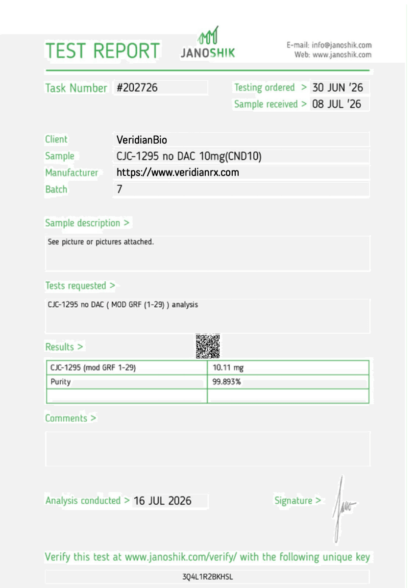 Certificate of analysis for CJC-1295 (No DAC), batch 7, issued by Janoshik Analytical
