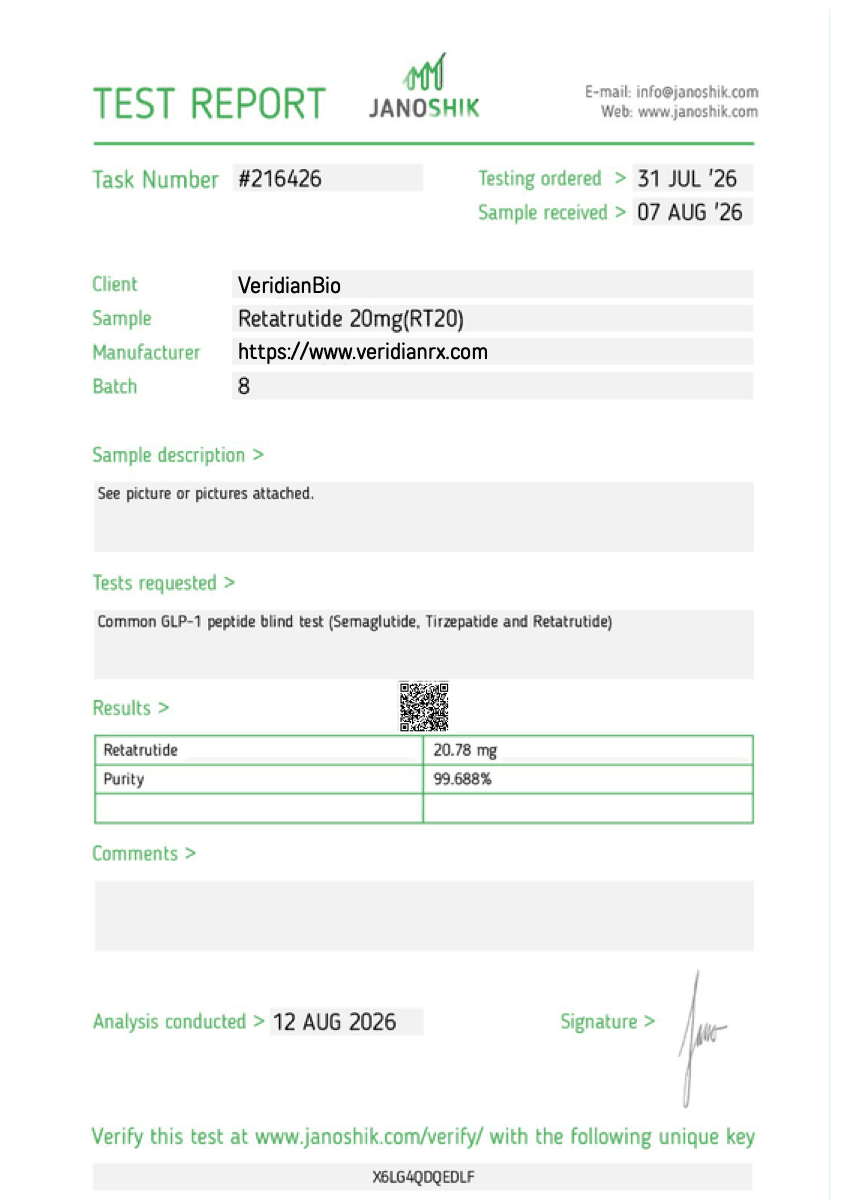 Certificate of analysis for Retatrutide, batch 8, issued by Janoshik Analytical