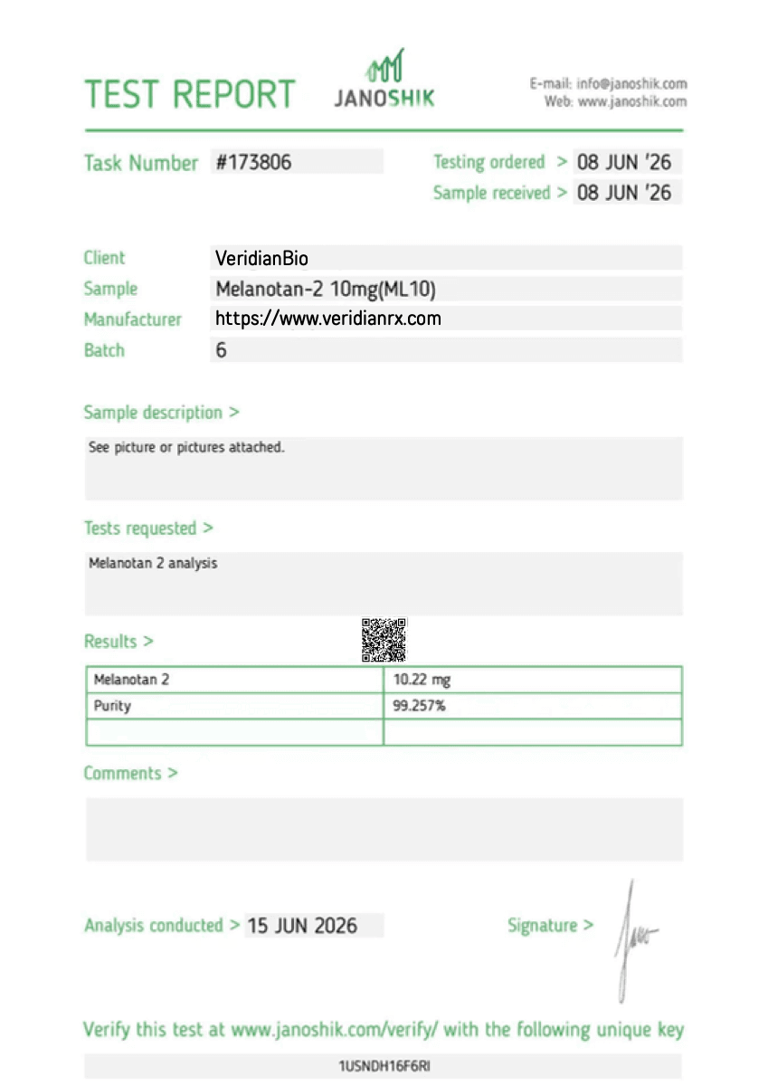 Certificate of analysis for Melanotan II, batch 6, issued by Janoshik Analytical