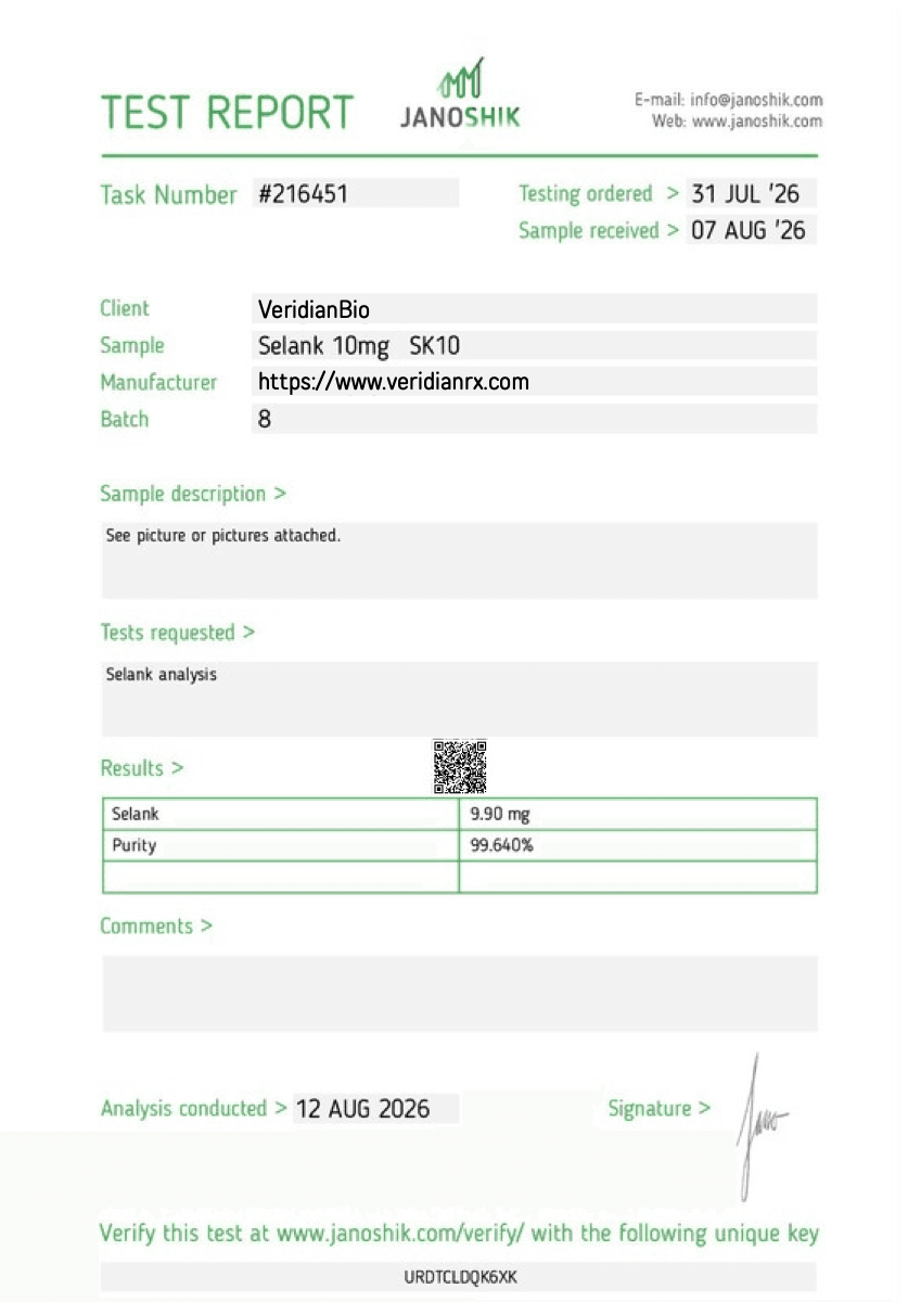 Certificate of analysis for Selank, batch 8, issued by Janoshik Analytical