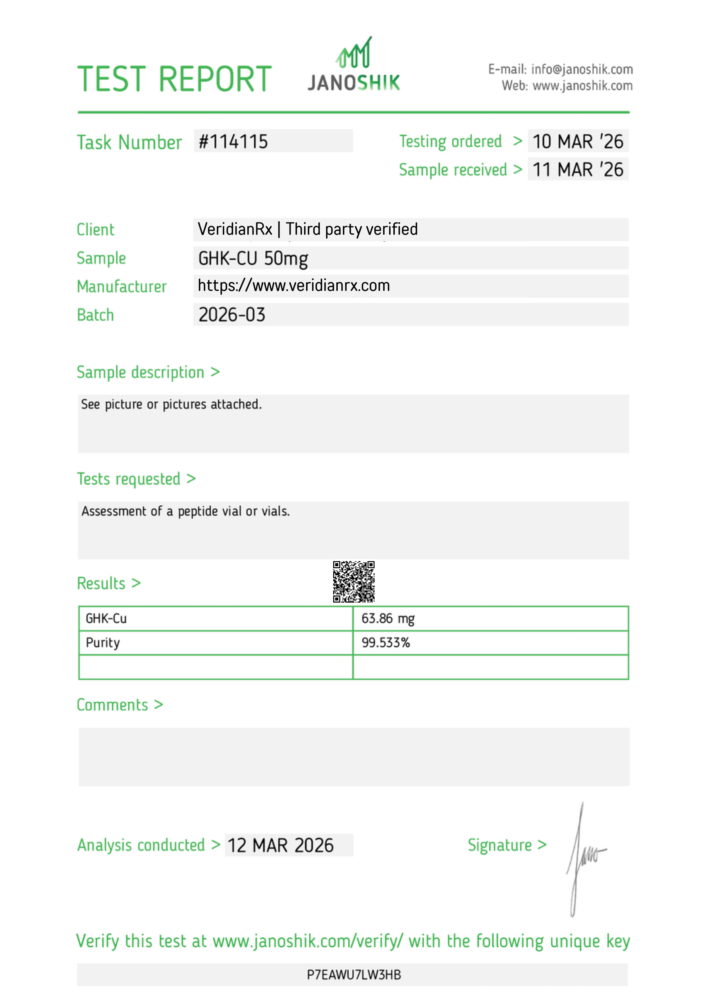 Certificate of analysis for GHK-Cu, batch 2026-03, issued by Janoshik Analytical
