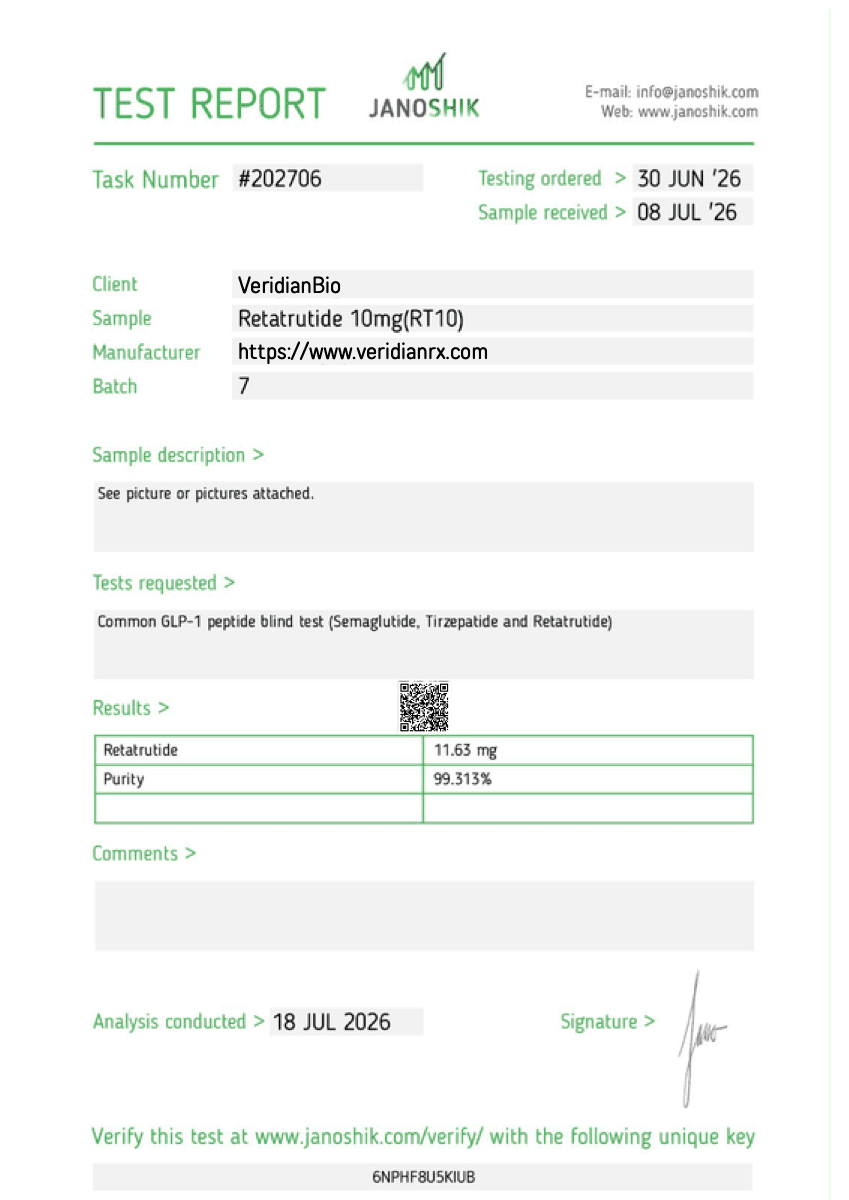 Certificate of analysis for Retatrutide, batch 7, issued by Janoshik Analytical