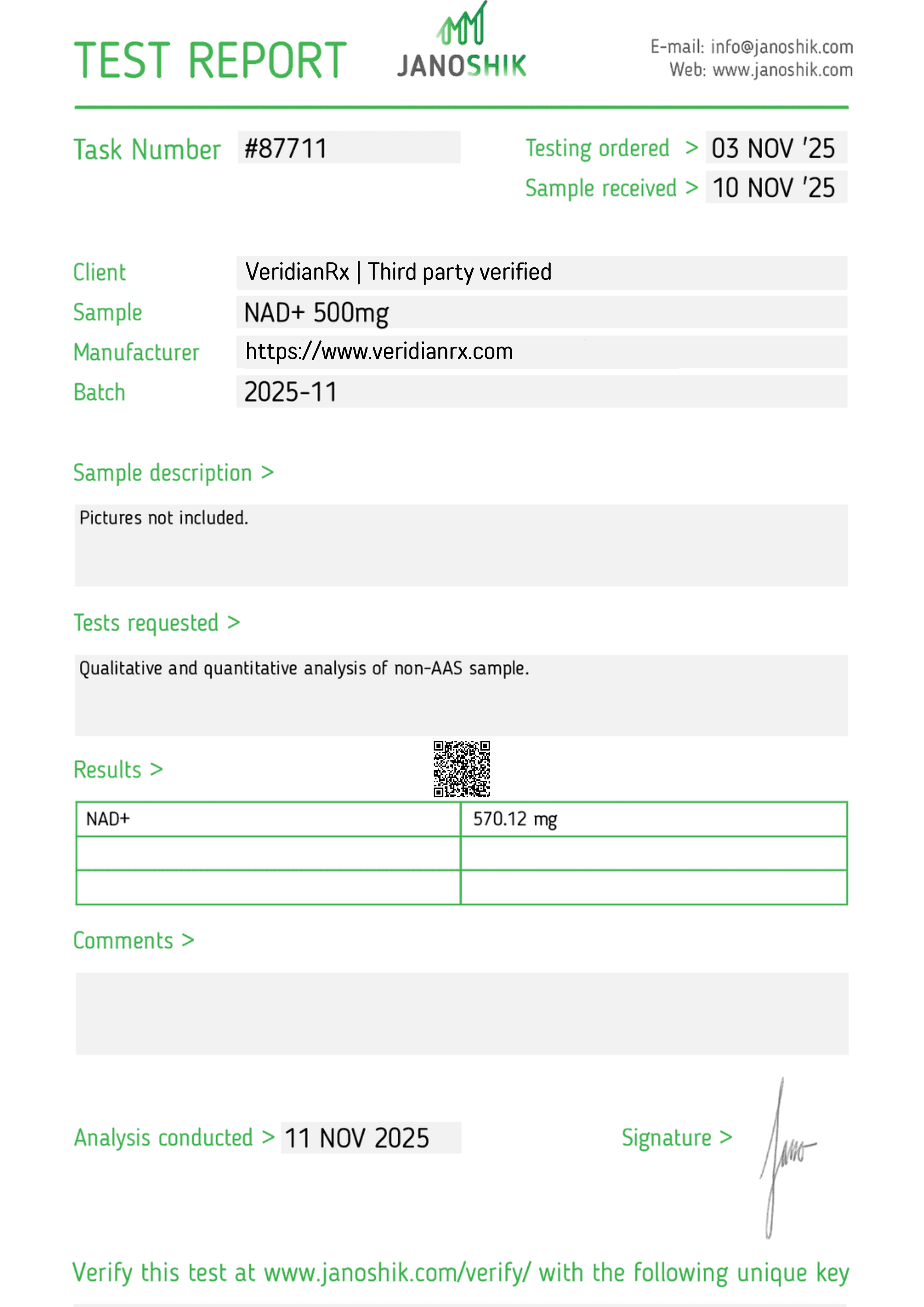 Certificate of analysis for NAD+, batch 2026-03, issued by Janoshik Analytical