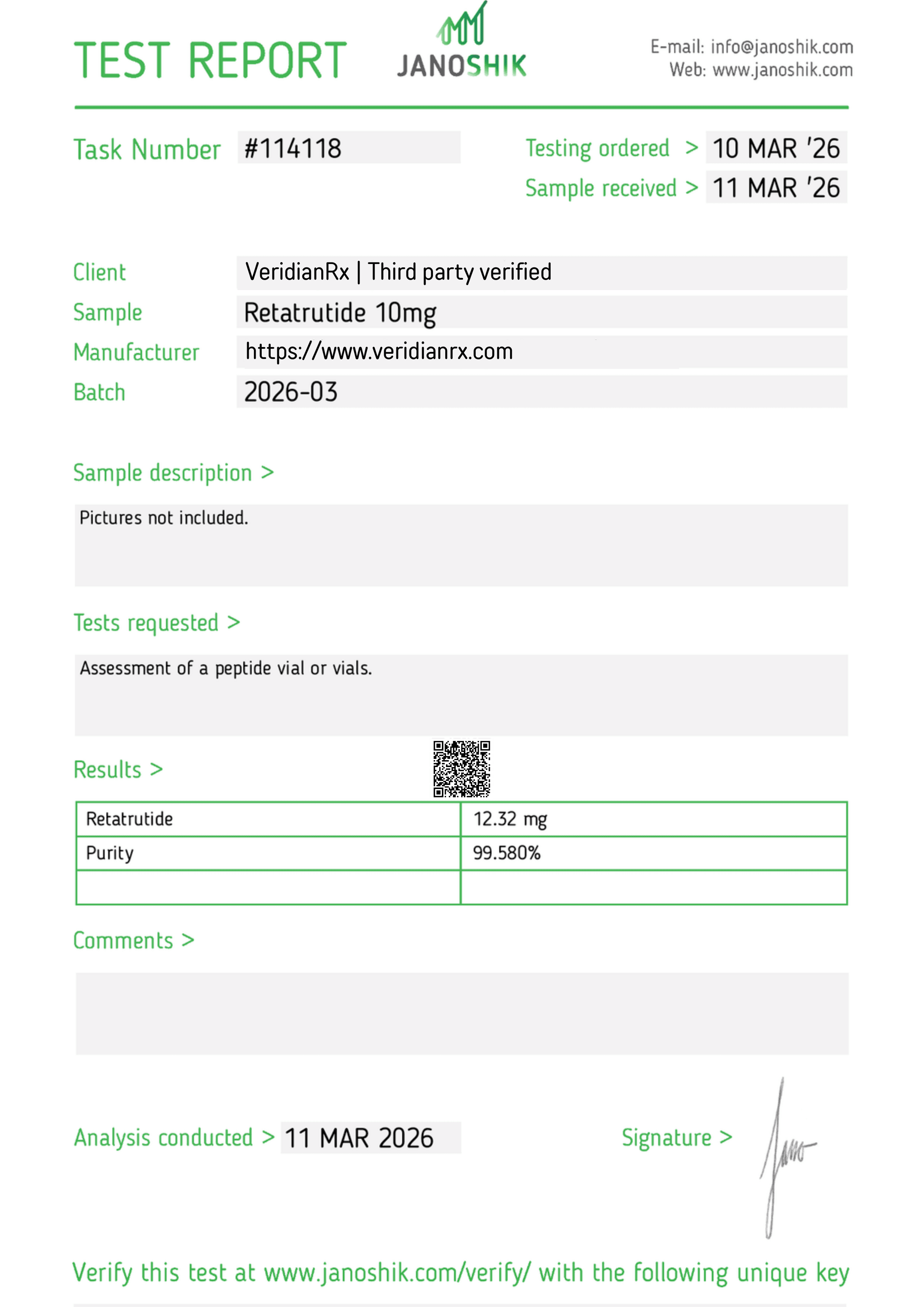 Certificate of analysis for Retatrutide, batch 2026-03, issued by Janoshik Analytical